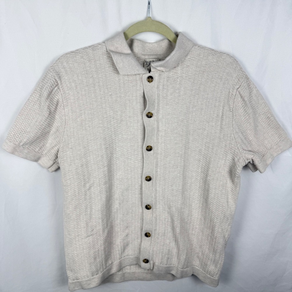 J. Crew Men's Cream Textured Knit Short Sleeve Collared Cardigan Medium Preppy